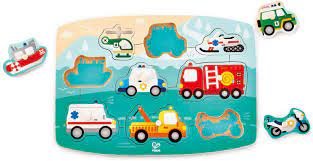 Hape Transportation Peg Puzzle | 10 Piece Wooden Animal Peg Jigsaw Puzzle Game