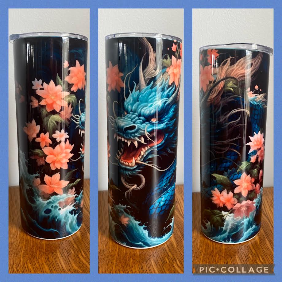 Dragon in wave w/pink flower Tumbler