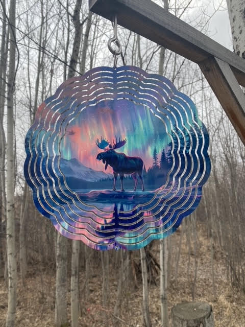 Moose with Northern Lights Wind Spinner 10"